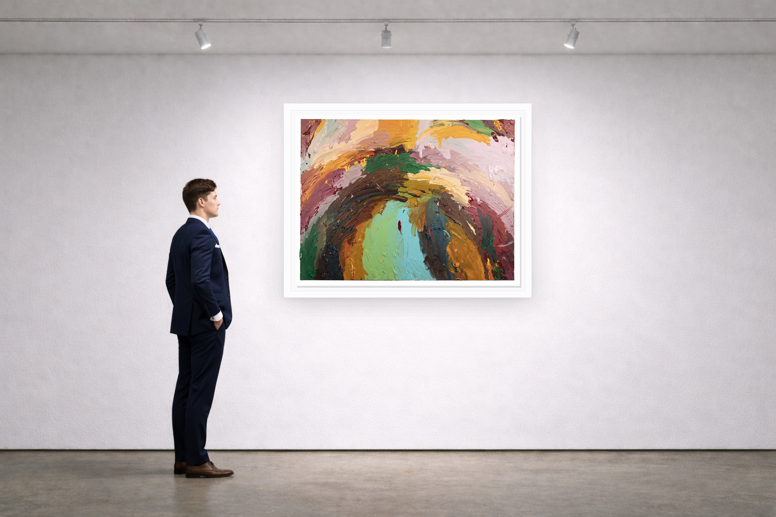 Gallery installation view of Larusa artwork 058 with flat white floating frame and realistic overlapping multi-light shadow