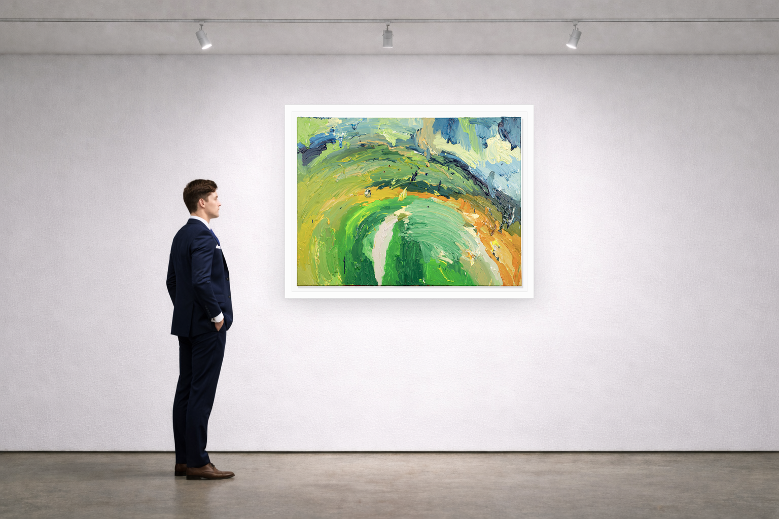 Gallery installation view of Larusa artwork 059 with flat white floating frame and realistic overlapping multi-light shadow