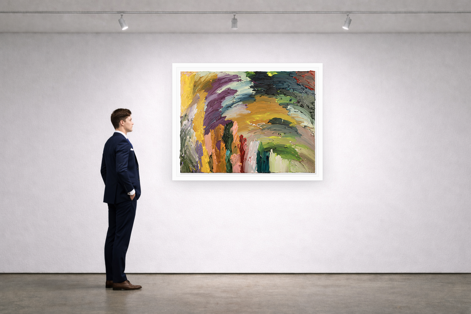 Gallery installation view of Larusa artwork 060 with flat white floating frame and realistic overlapping multi-light shadow