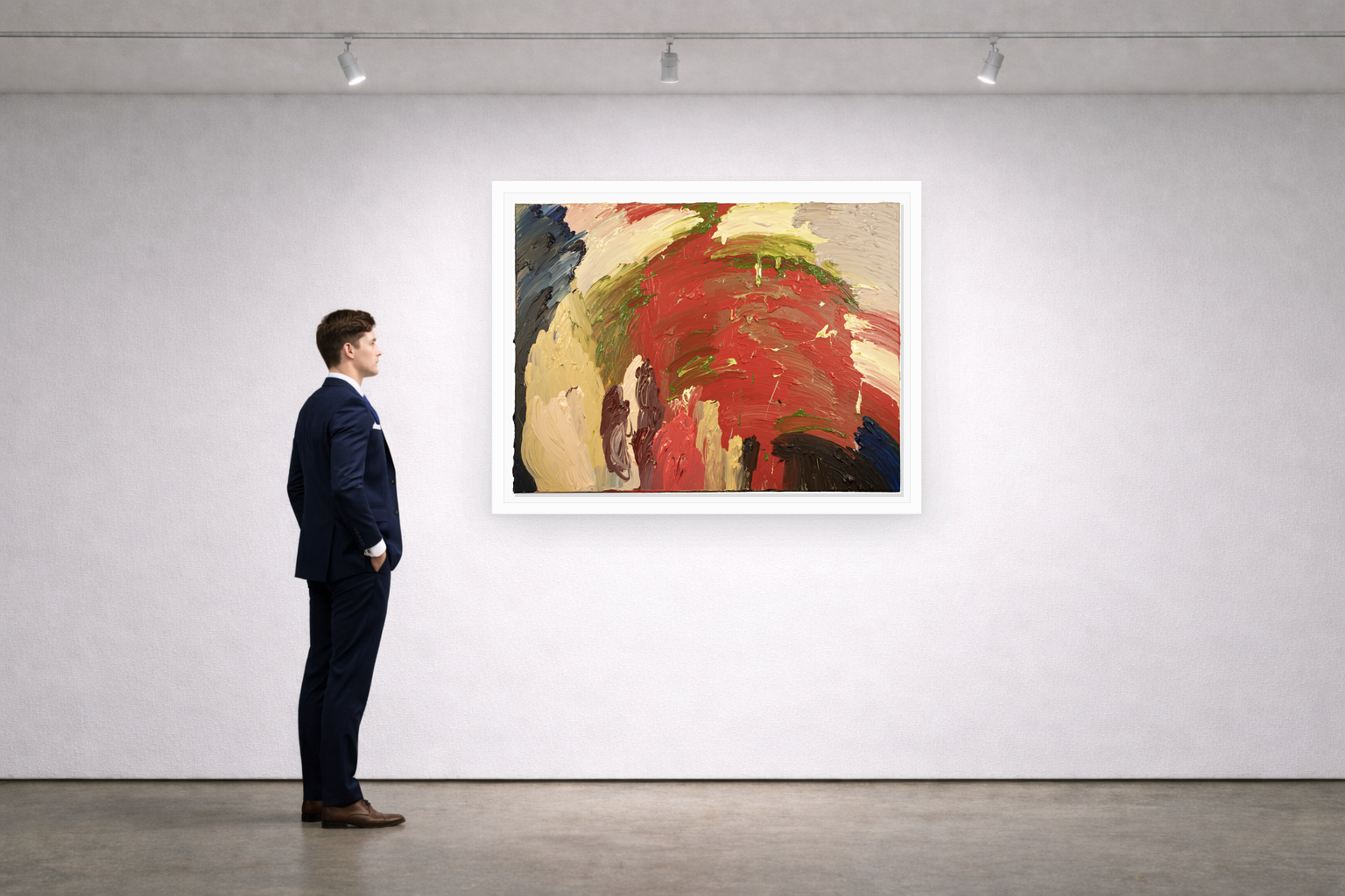 Gallery installation view of Larusa artwork 061 with flat white floating frame and realistic overlapping multi-light shadow