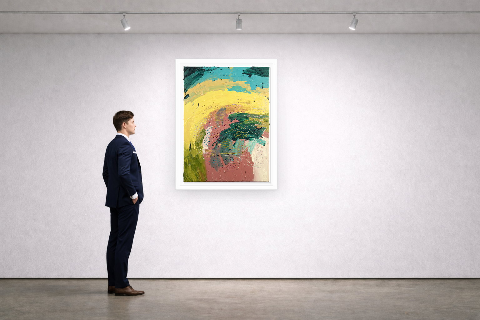 Gallery installation view of Larusa artwork 062 with flat white floating frame and realistic overlapping multi-light shadow