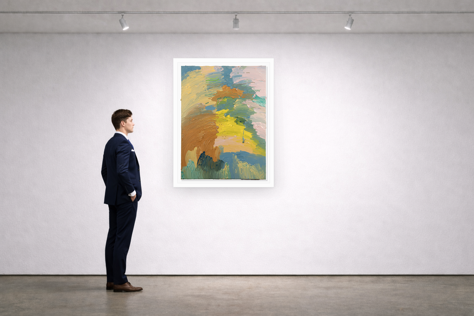 Gallery installation view of Larusa artwork 064 with flat white floating frame and realistic overlapping multi-light shadow
