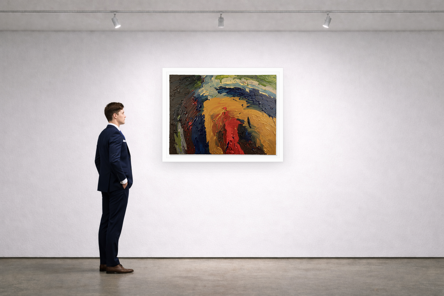 Gallery installation view of Larusa artwork 065 with flat white floating frame and realistic overlapping multi-light shadow