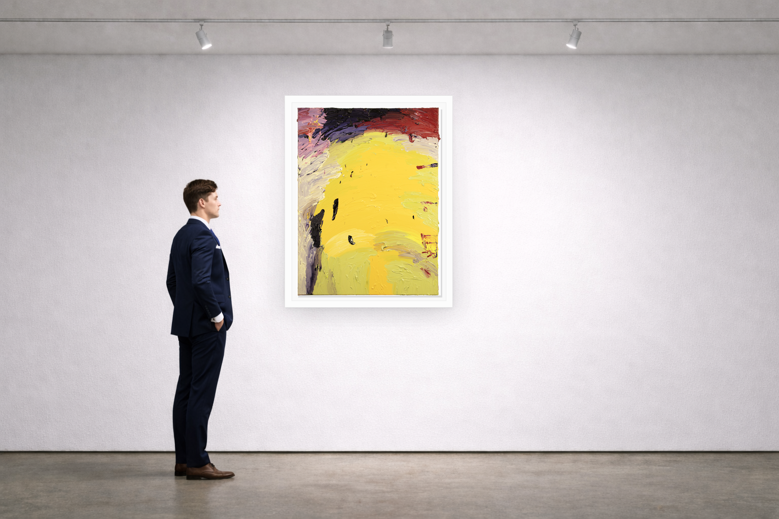 Gallery installation view of Larusa artwork 066 with flat white floating frame and realistic overlapping multi-light shadow