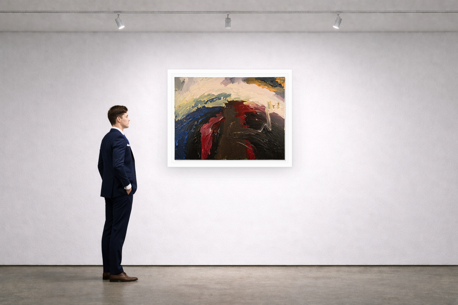 Gallery installation view of Larusa artwork 069 with flat white floating frame and realistic overlapping multi-light shadow