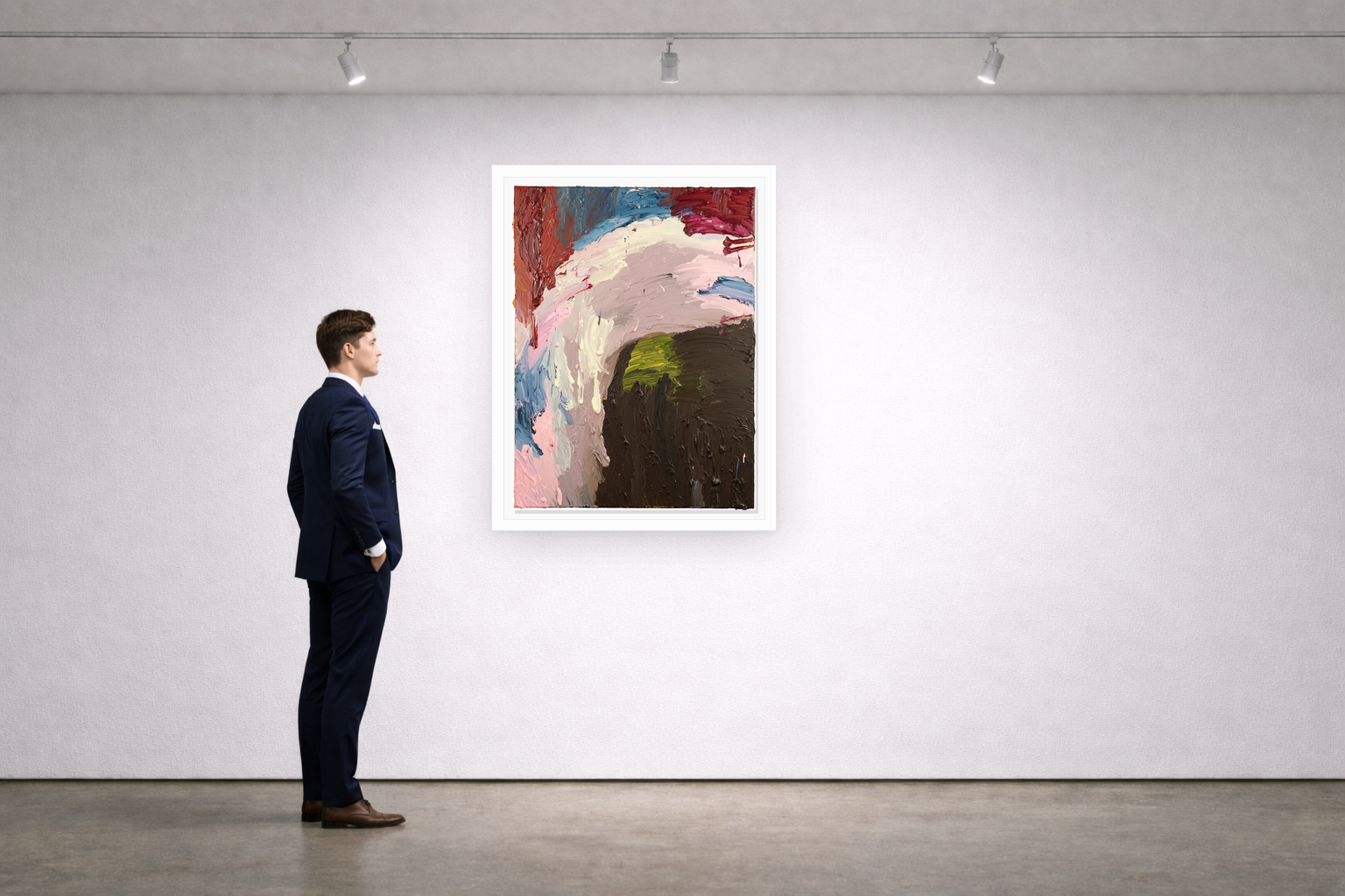 Gallery installation view of Larusa artwork 070 with flat white floating frame and realistic overlapping multi-light shadow