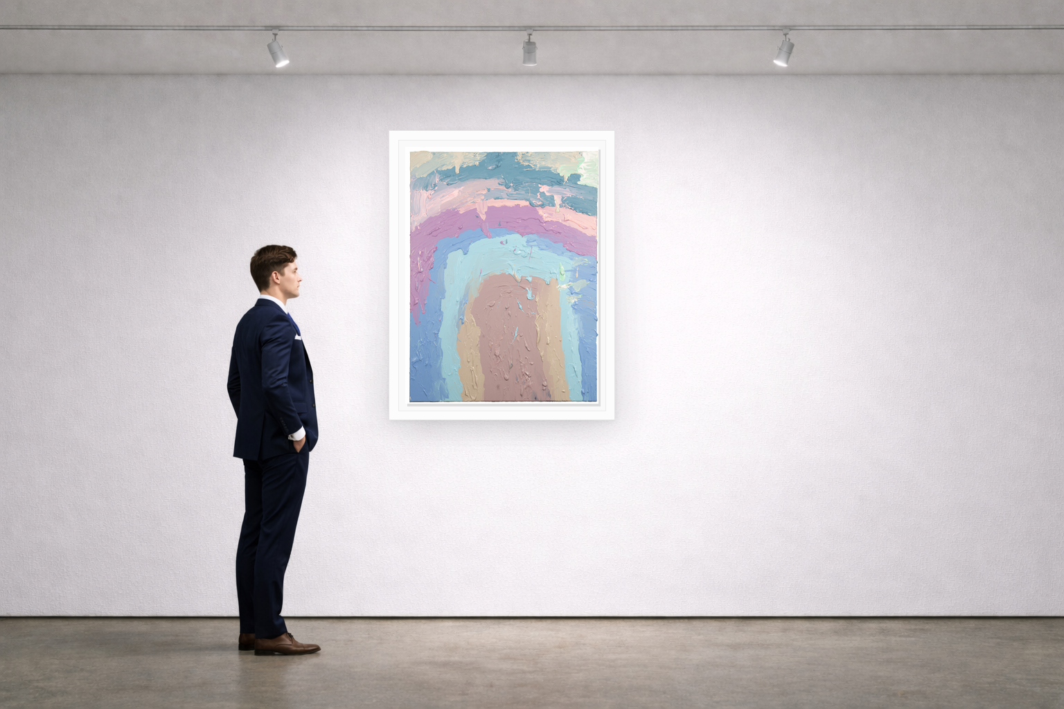 Gallery installation view of Larusa artwork 071 with flat white floating frame and realistic overlapping multi-light shadow
