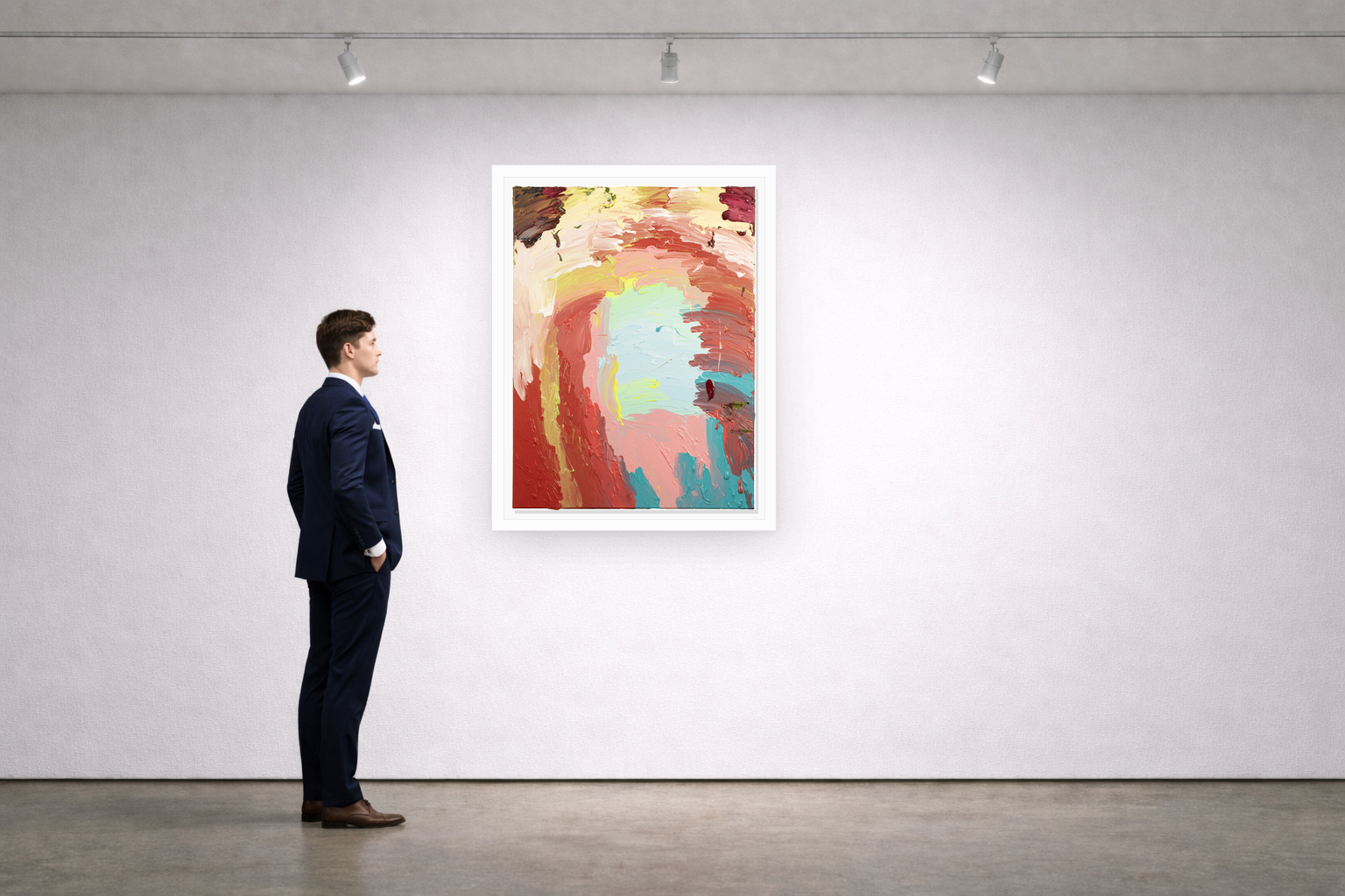 Gallery installation view of Larusa artwork 072 with flat white floating frame and realistic overlapping multi-light shadow