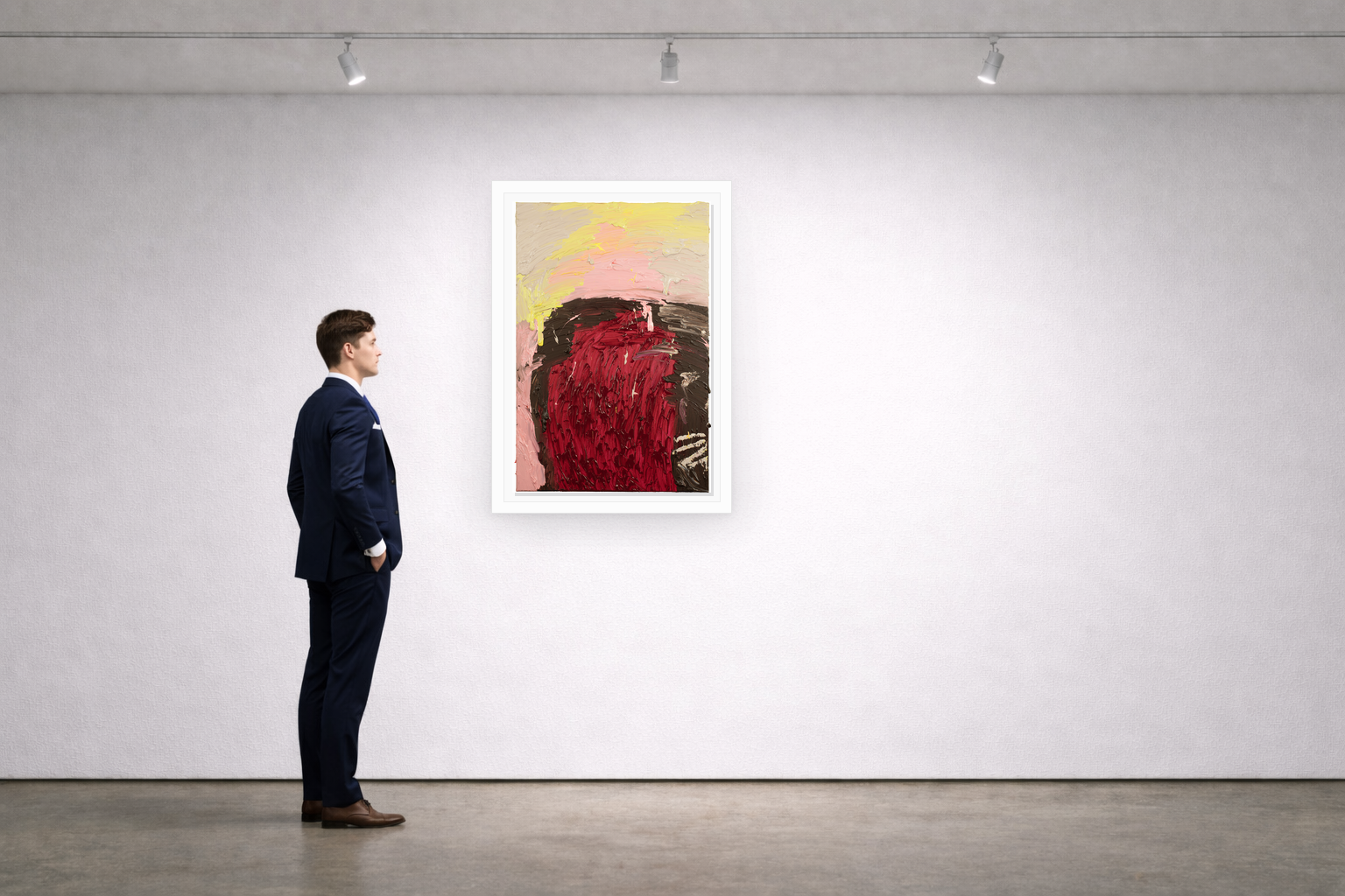 Gallery installation view of Larusa artwork 074 with flat white floating frame and realistic overlapping multi-light shadow