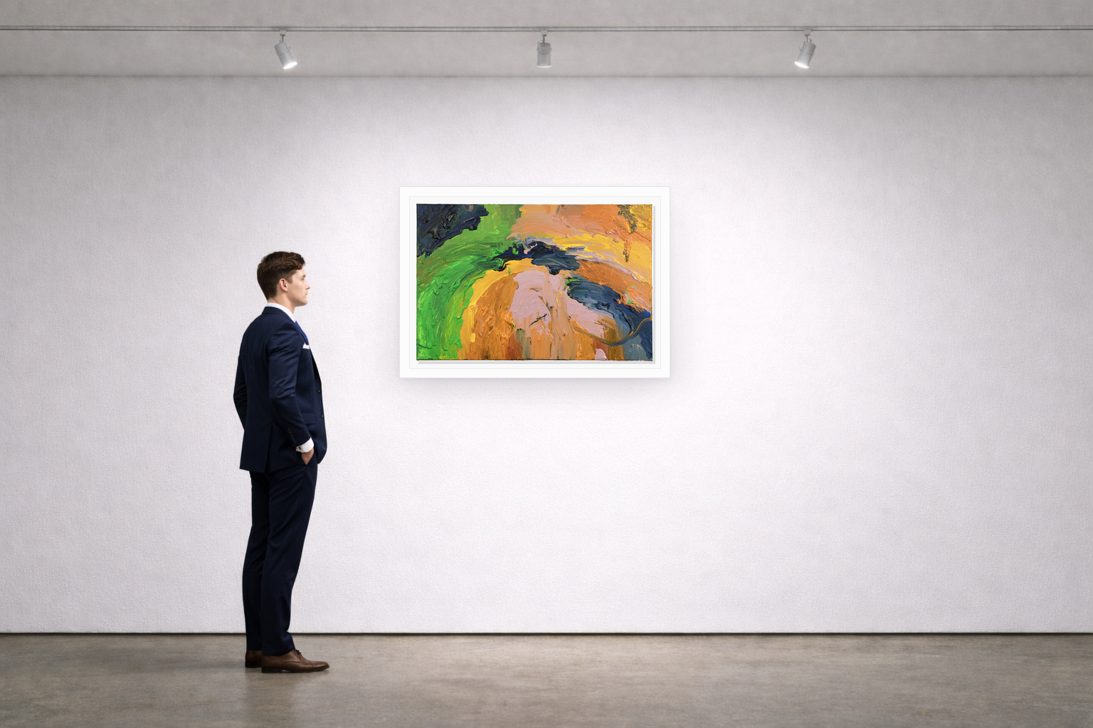 Gallery installation view of Larusa artwork 077 with flat white floating frame and realistic overlapping multi-light shadow