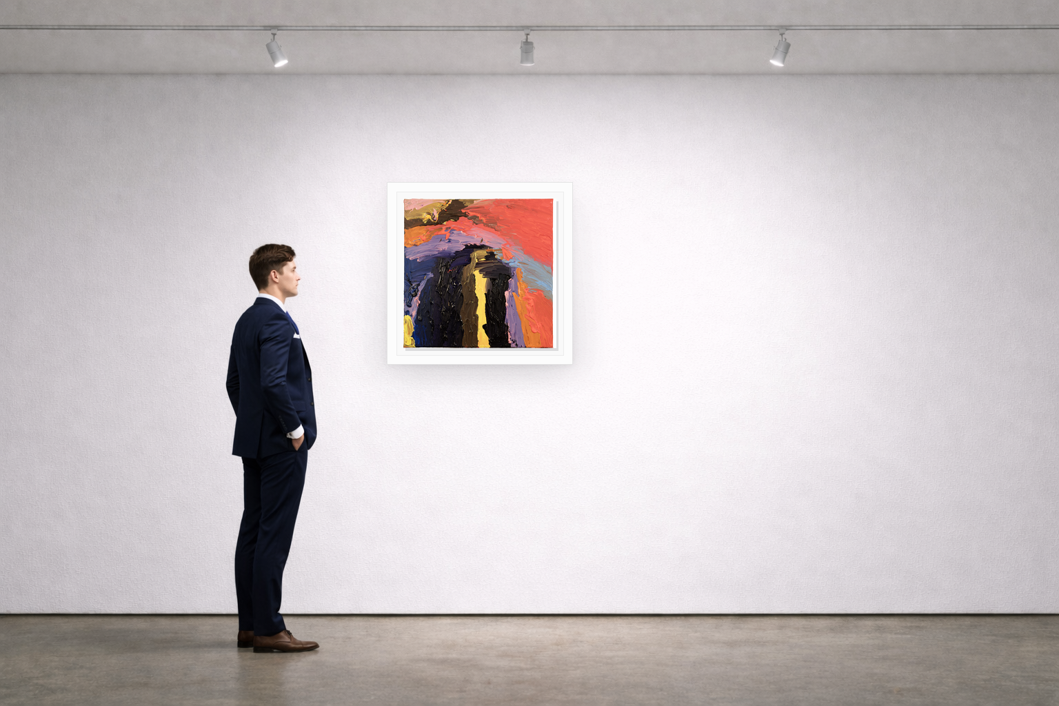 Gallery installation view of Larusa artwork 078 with flat white floating frame and realistic overlapping multi-light shadow