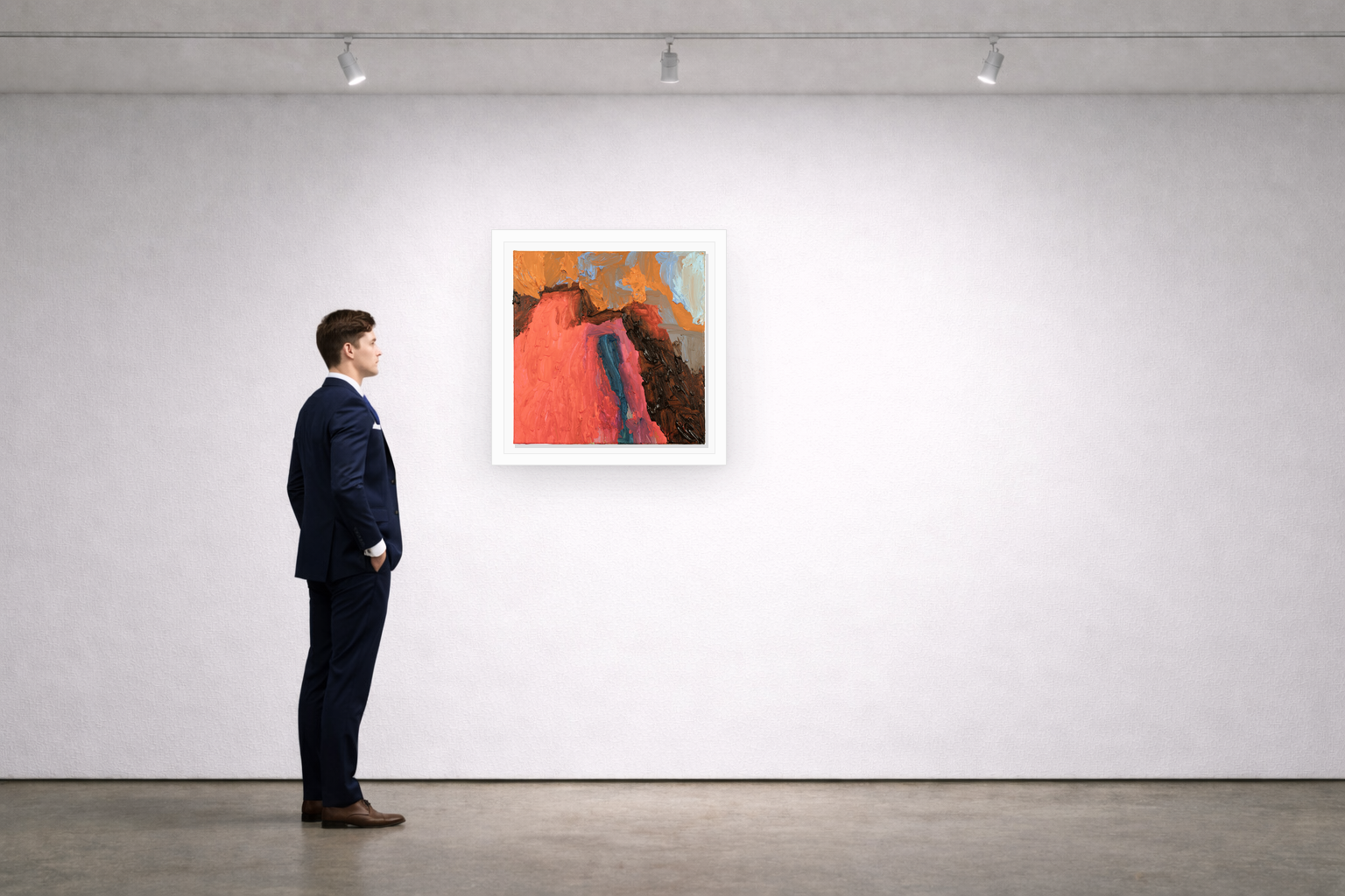 Gallery installation view of Larusa artwork 079 with flat white floating frame and realistic overlapping multi-light shadow