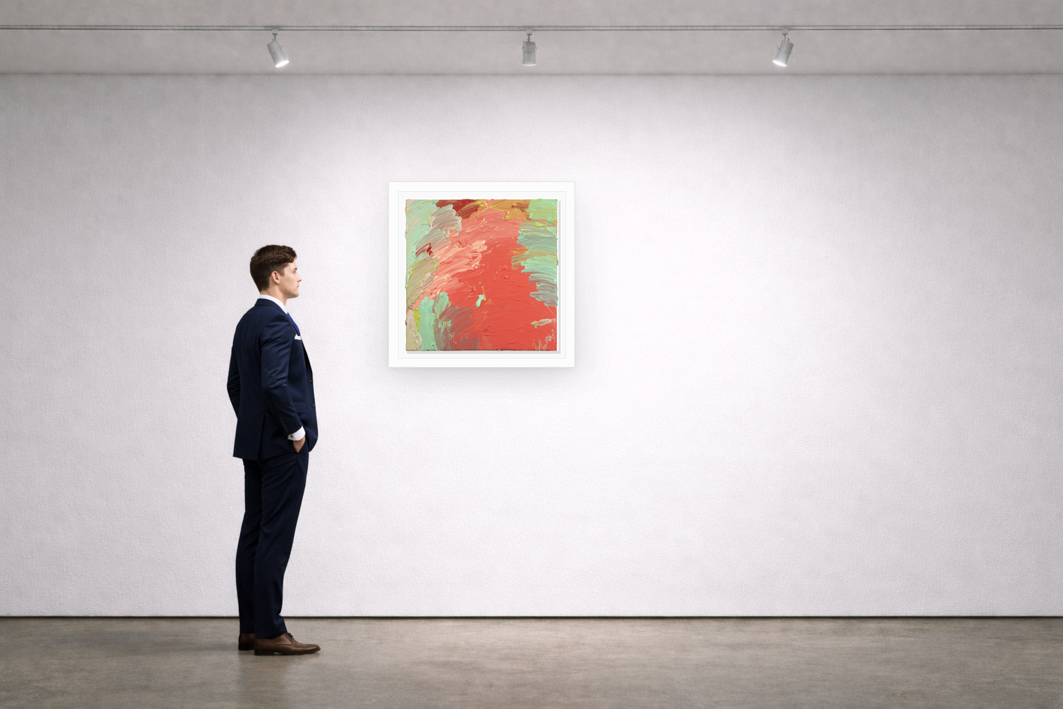 Gallery installation view of Larusa artwork 080 with flat white floating frame and realistic overlapping multi-light shadow
