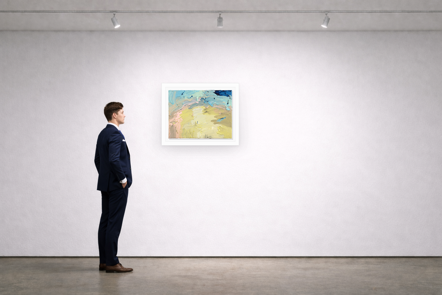 Gallery installation view of Larusa artwork 081 with flat white floating frame and realistic overlapping multi-light shadow