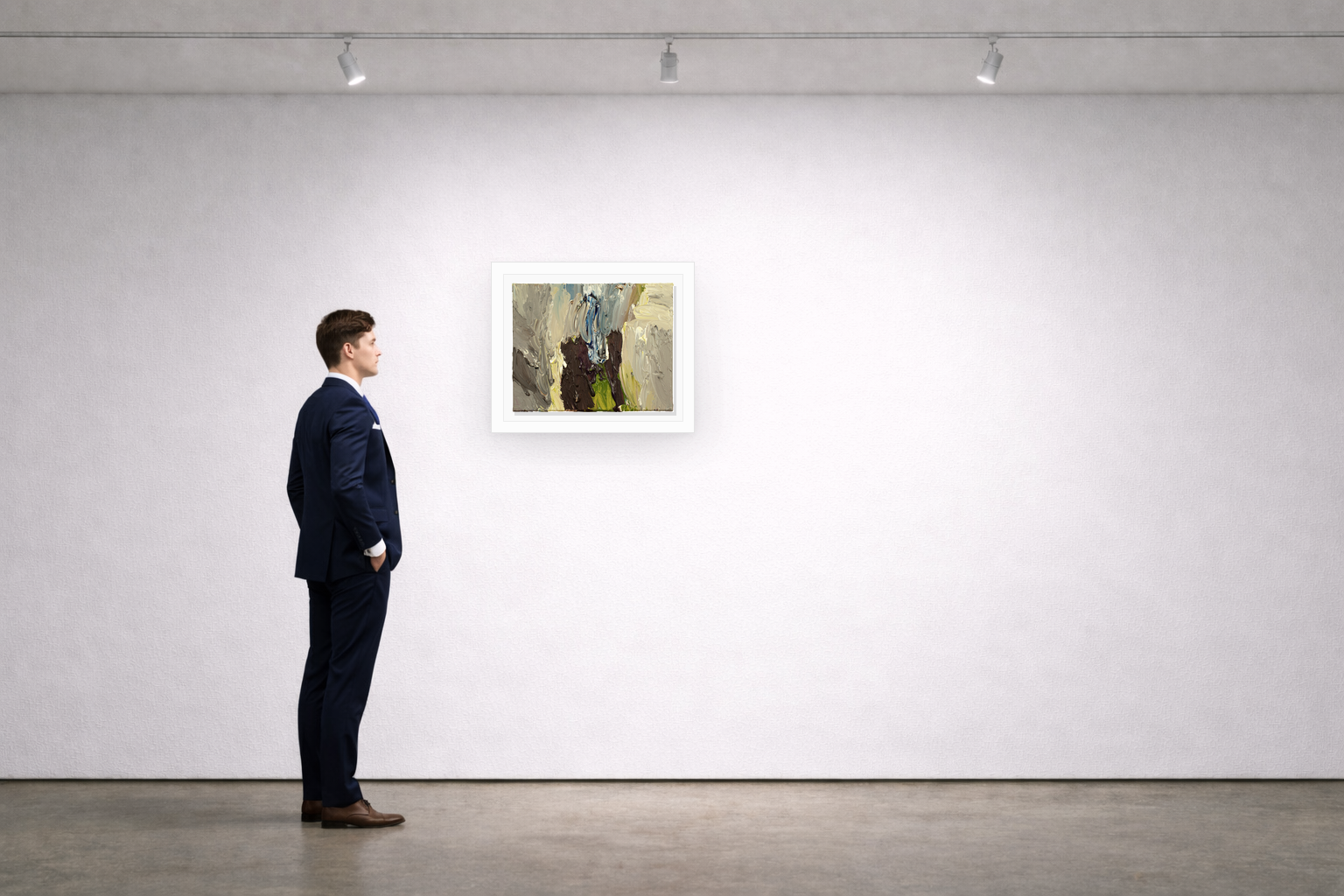 Gallery installation view of Larusa artwork 082 with flat white floating frame and realistic overlapping multi-light shadow