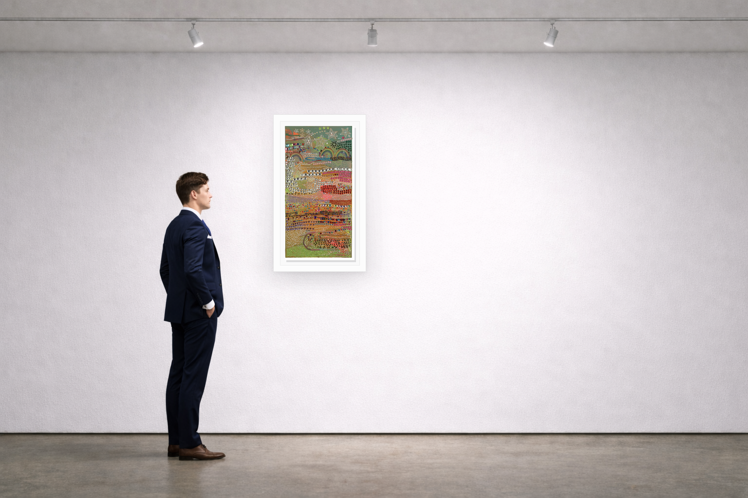 Gallery installation view of Larusa artwork 085 with flat white floating frame and realistic overlapping multi-light shadow
