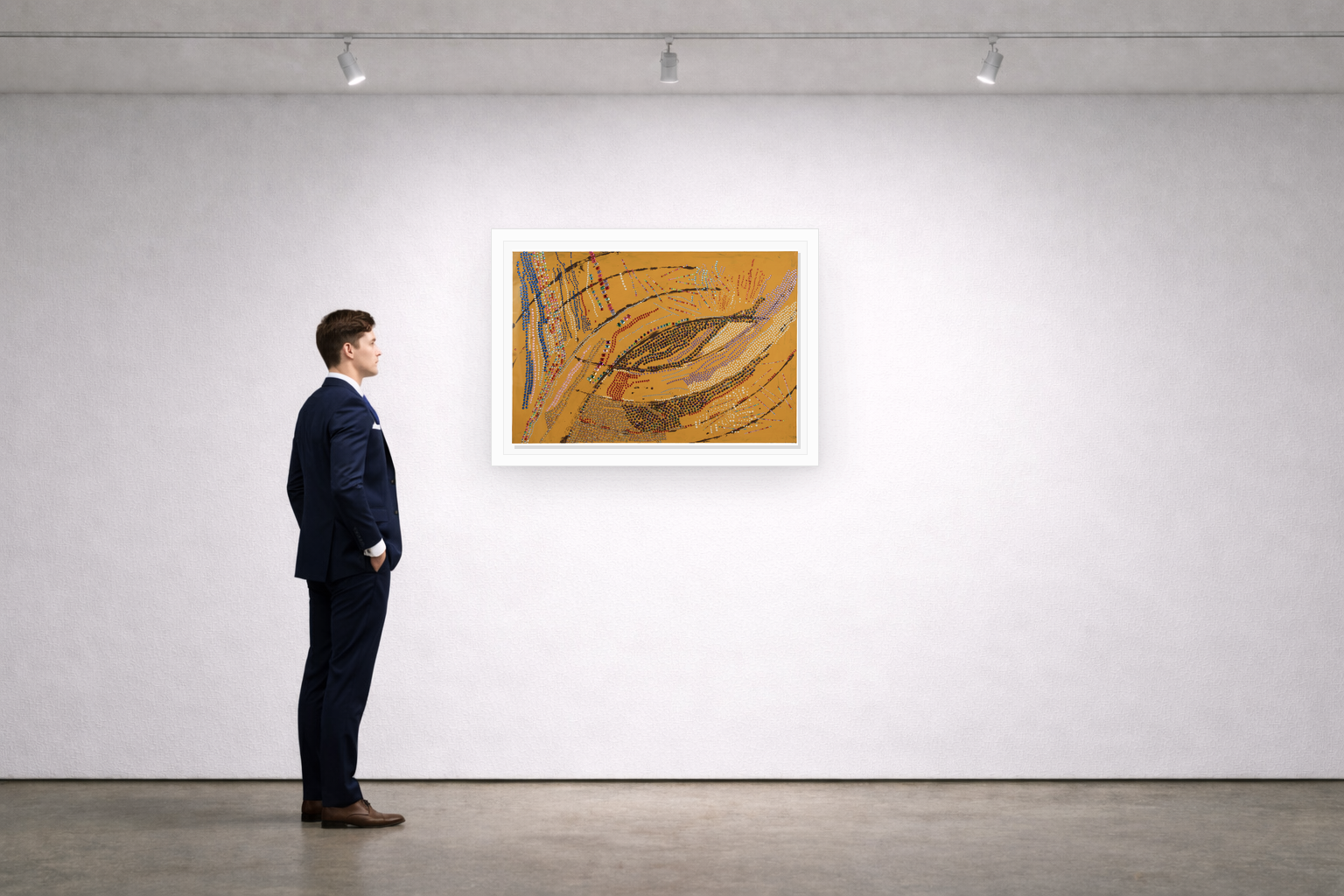 Gallery installation view of Larusa artwork 086 with flat white floating frame and realistic overlapping multi-light shadow